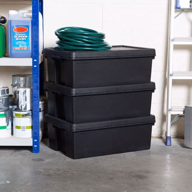 Wham Bam 3 x 36L Heavy Duty Stackable Plastic Storage Boxes with Lids and Handles, Black