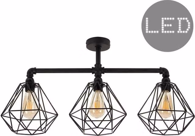 ValueLights Luiggi Diablo Industrial Black Ceiling Bar Light with 3 Copper Basket Cage Shades, W: 36 cm