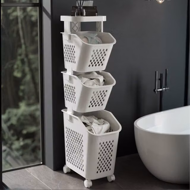 Lifeideas Multi Tier Laundry Baskets with Wheels and Rack, White, Height: 99 cm