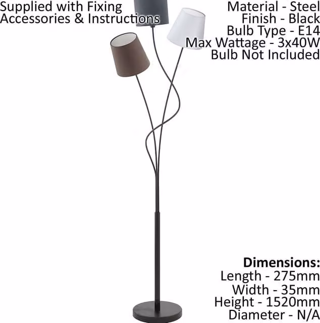 Loops Modern Floor Lamp with Foot Switch and E14 Socket, Black with Anthracite, White or Brown Shade, Height: 152 cm, W/D/H: 35 x 35 x 152 cm