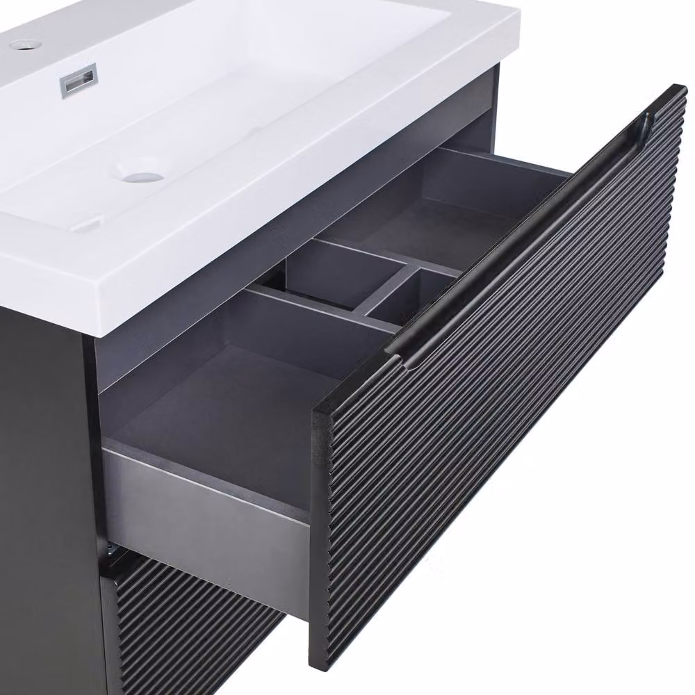 Wyld and Coco Black Lacquered MDF Wall-Mounted Vanity with Ceramic Sink, Width: 80 cm – 5