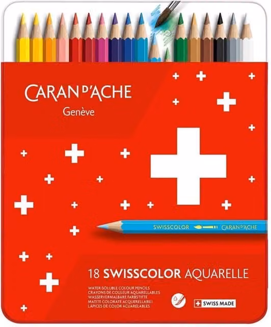 Caran d'Ache Swisscolor Aquarelle 18 Water-Soluble Colour Pencils in a Multicolour Metal Tin Set