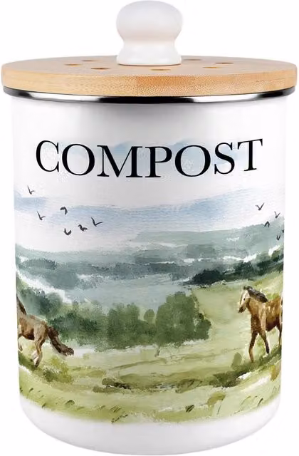 Purely Home Wild Horses Metal Compost Caddy with Flip Lid, 2L, Green and White