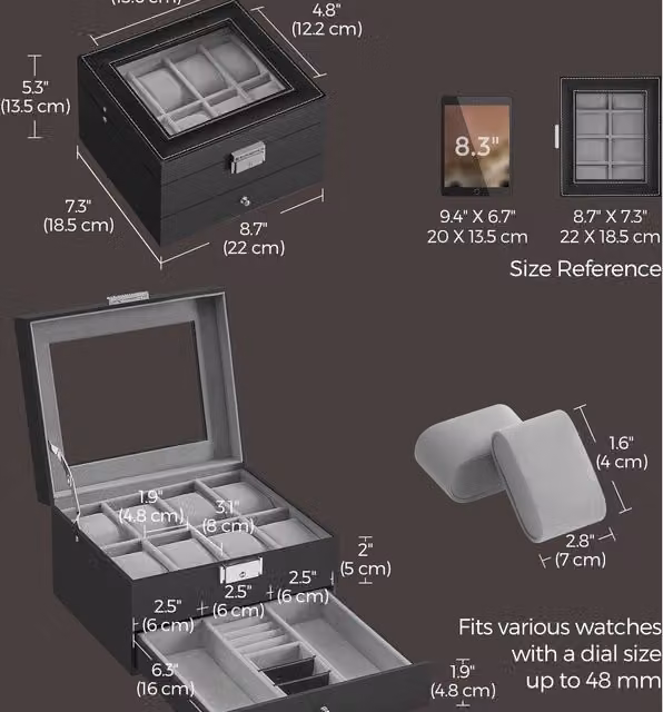 SONGMICS 8-Slot Lockable Watch Box with Glass Lid, Black