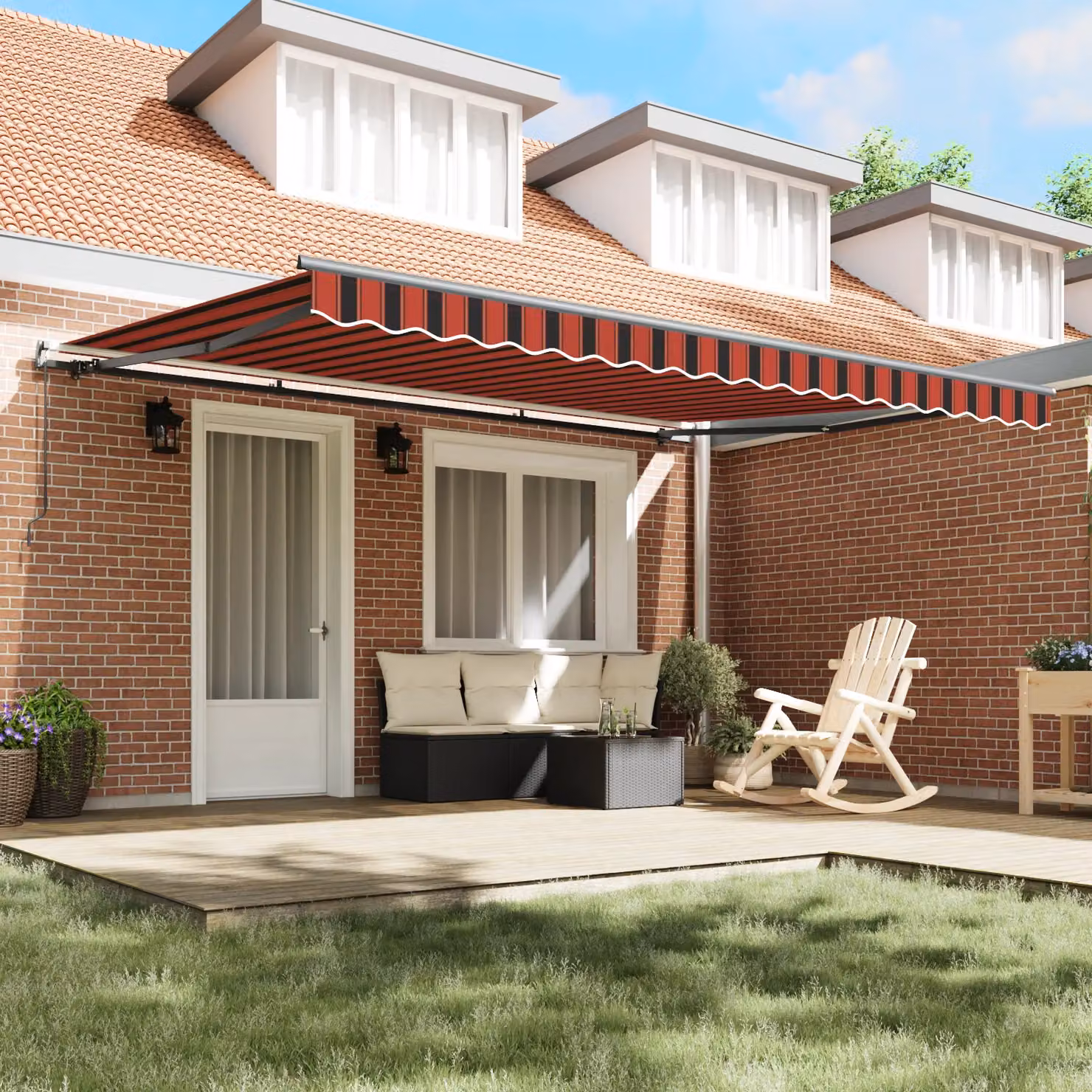 Berkfield Home Manual Retractable Wall-Mounted Awning with Acrylic Fabric in Orange and Brown, W: 450 cm, D: 350 cm – 3