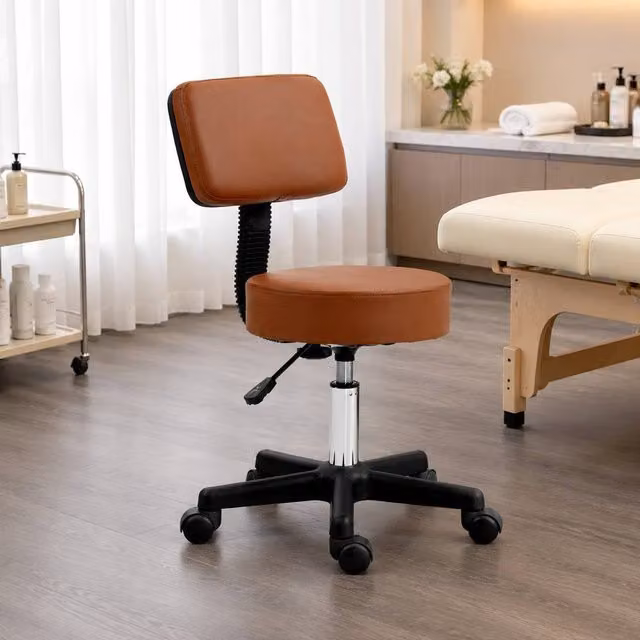 STILVORA Beauty Stool with Back Pad and Wheels, Brown – 1