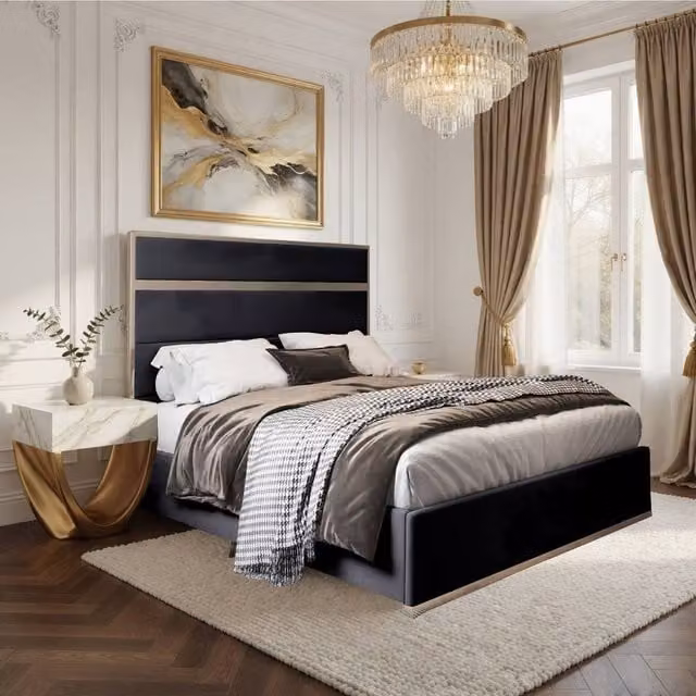 Casani Fleetwood Modern Upholstered Velvet Bed Frame with Black Metal Details, Black, 180 x 200 cm