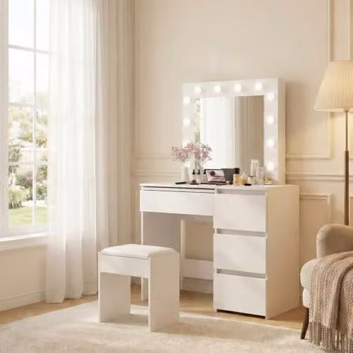 Levede White Wooden Vanity Desk Set with LED Mirror and Stool, W/D/H: 140 x 94 x 43 cm