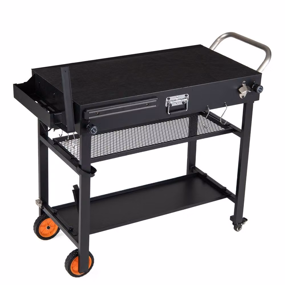 Costway 3-Tier Folding Metal Grill Cart with Wheels and Hooks in Black – 5