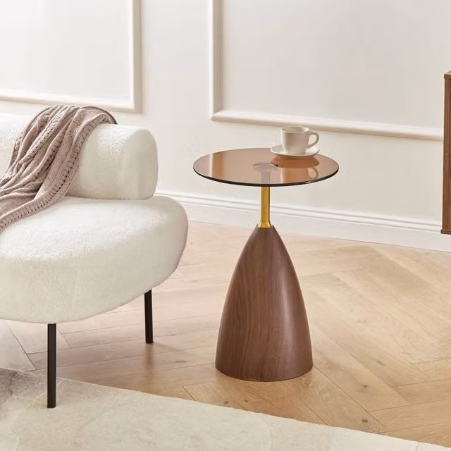 Wyld and Coco Round Side Table with Transparent Glass Top and Brown and Gold Metal Base – 1