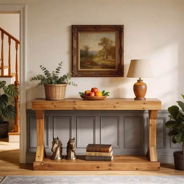 SPETLEK Solid Wood Retro Style Console Table with Bottom Shelf in Brown