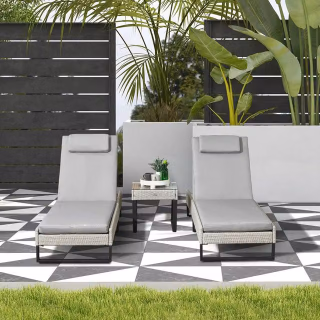 OUTSUNNY Rattan Sun Lounger Set with Cushions and Side Trays in Light Grey