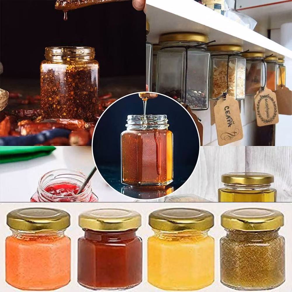 ATEK Set of 30 Hexagonal Small Glass Jars with Airtight Gold Metal Lids, 45 ml, Clear and Gold – 7