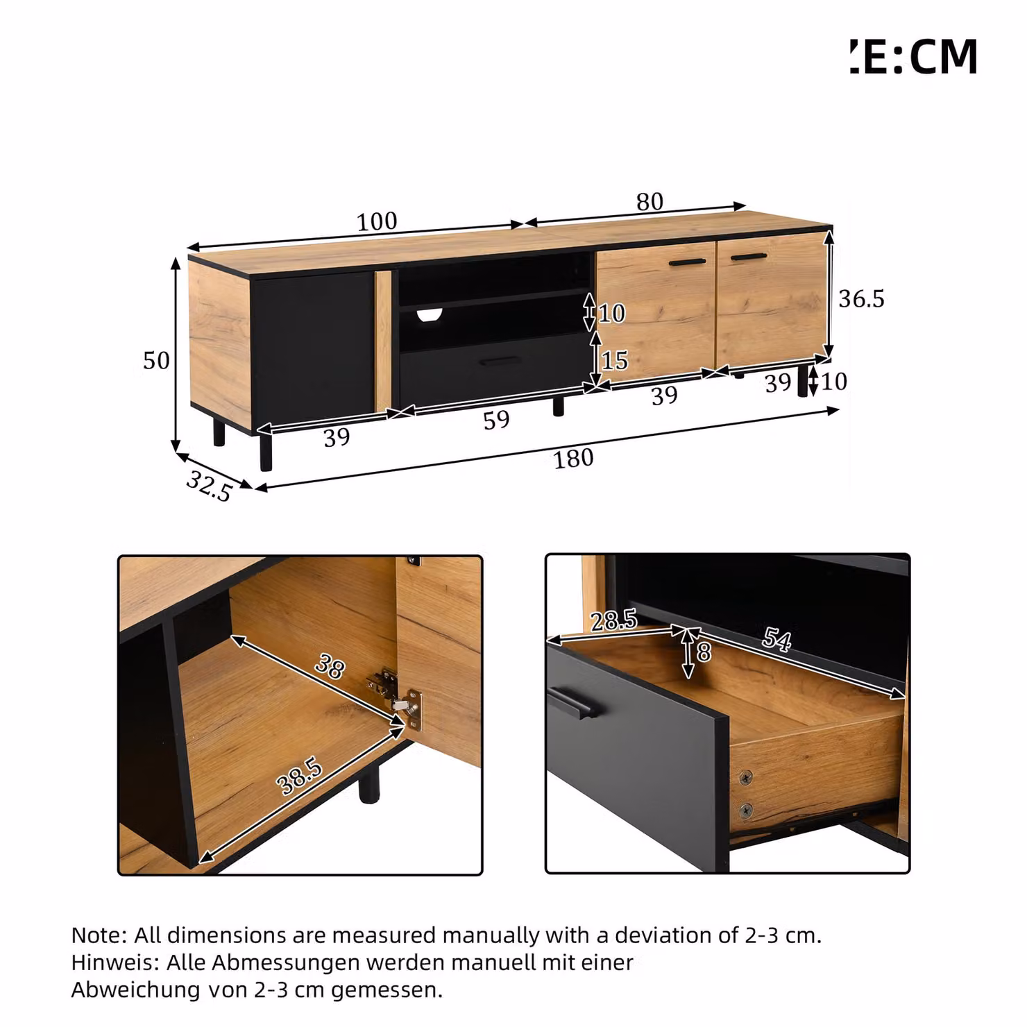 Aosom UK Modern Industrial TV Stand in Black and Brown with Concealed Storage, W: 180 cm, D: 32.5 cm, H: 50 cm – 3