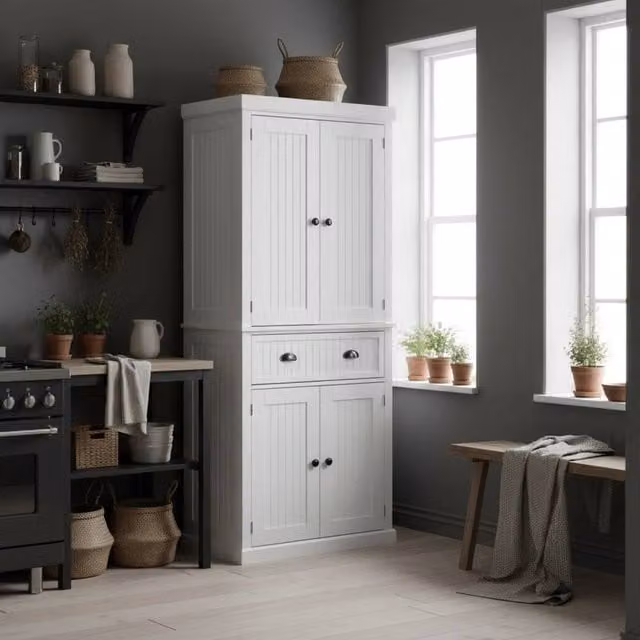 Wyld Haus Ellu White Tall Kitchen Storage Cabinet with Drawers and Shelves W/D/H: 40.2 x 76.2 x 183.0 cm – 1
