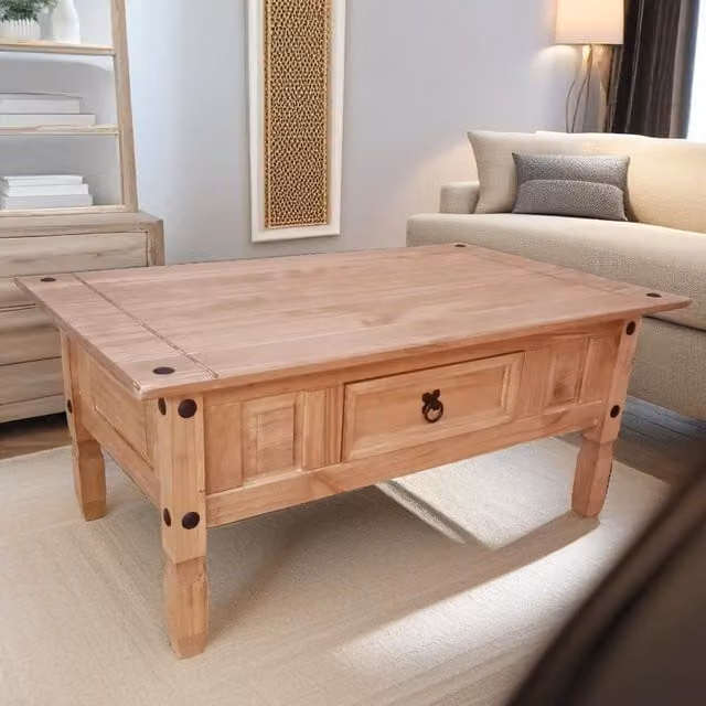 Rafaelo Mobilia Solid Pine Coffee Table with Drawer in Brown, W: 95 cm, D: 50 cm, H: 45 cm – 1