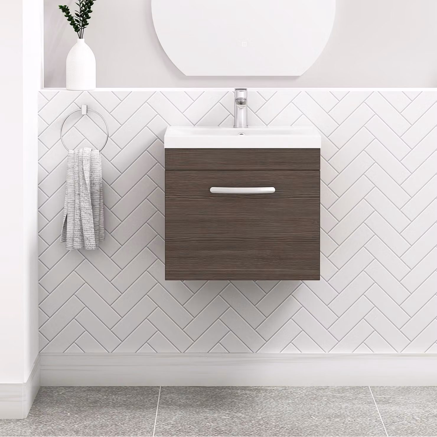 Royal Bathrooms Turin Grey Elm Wall Hung 1 Drawer Vanity Unit with Mid-Edge Basin