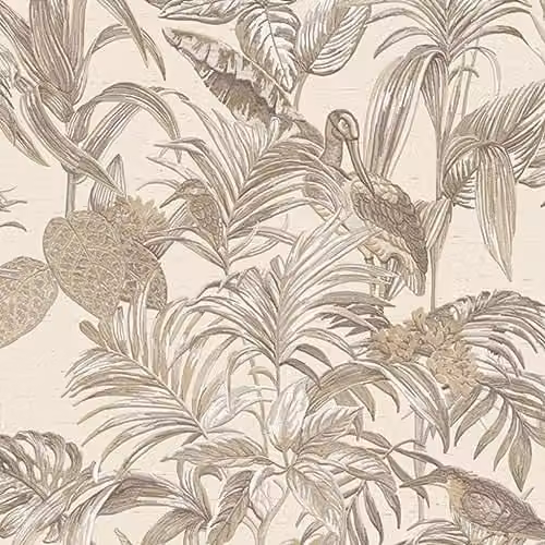 Bird of Paradise Botanical Floral Wall Stitch Wallpaper in Beige and Gold, 10 m x 0.53 m