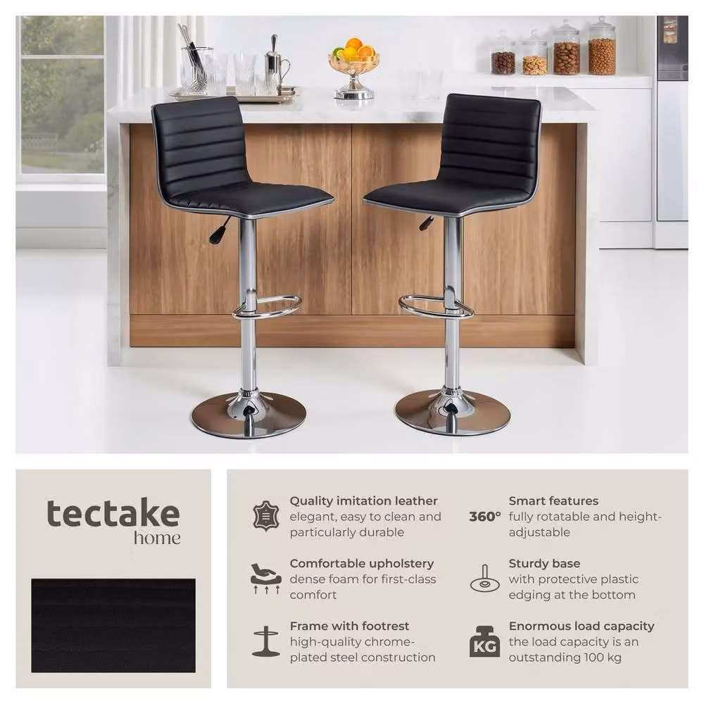 tectake Johannes Set of 2 Bar Stools in Black Synthetic Leather with Metal Frame – 2