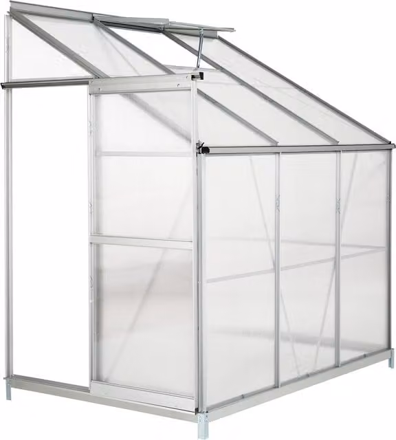 Tectake Lean-To Style Pent Greenhouse with Foundation, Aluminium Frame and Transparent Polycarbonate Panels, Wall-Mounted