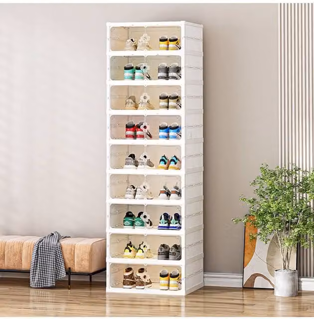 Living and Home 9-Tier Foldable Shoe Storage Cabinet with Hinged Doors, White