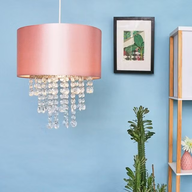 ValueLights Pink Modern Cylinder Ceiling Pendant Light Shade with Fabric and Plastic Droplets, W/D/H: 35 x 32 x 35 cm – 1