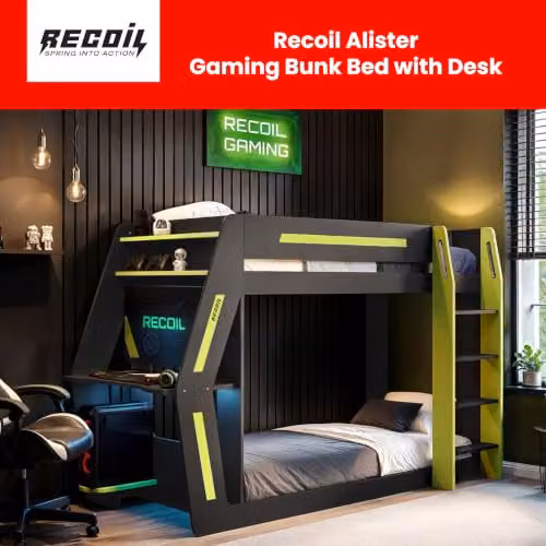 Recoil Alister Gaming Bunk Bed with Desk in Anthracite, Green and Grey, W/D/H: 190 x 90 x 237.1 cm – 2