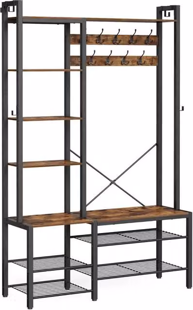 Kelvenix Industrial Black Hall Tree with Bench and Shoe Storage