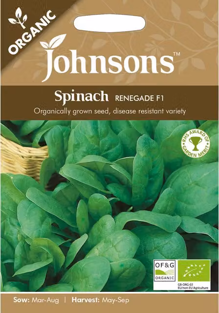 Johnsons Organic Spinach Renegade F1 Vegetable Seeds, Green