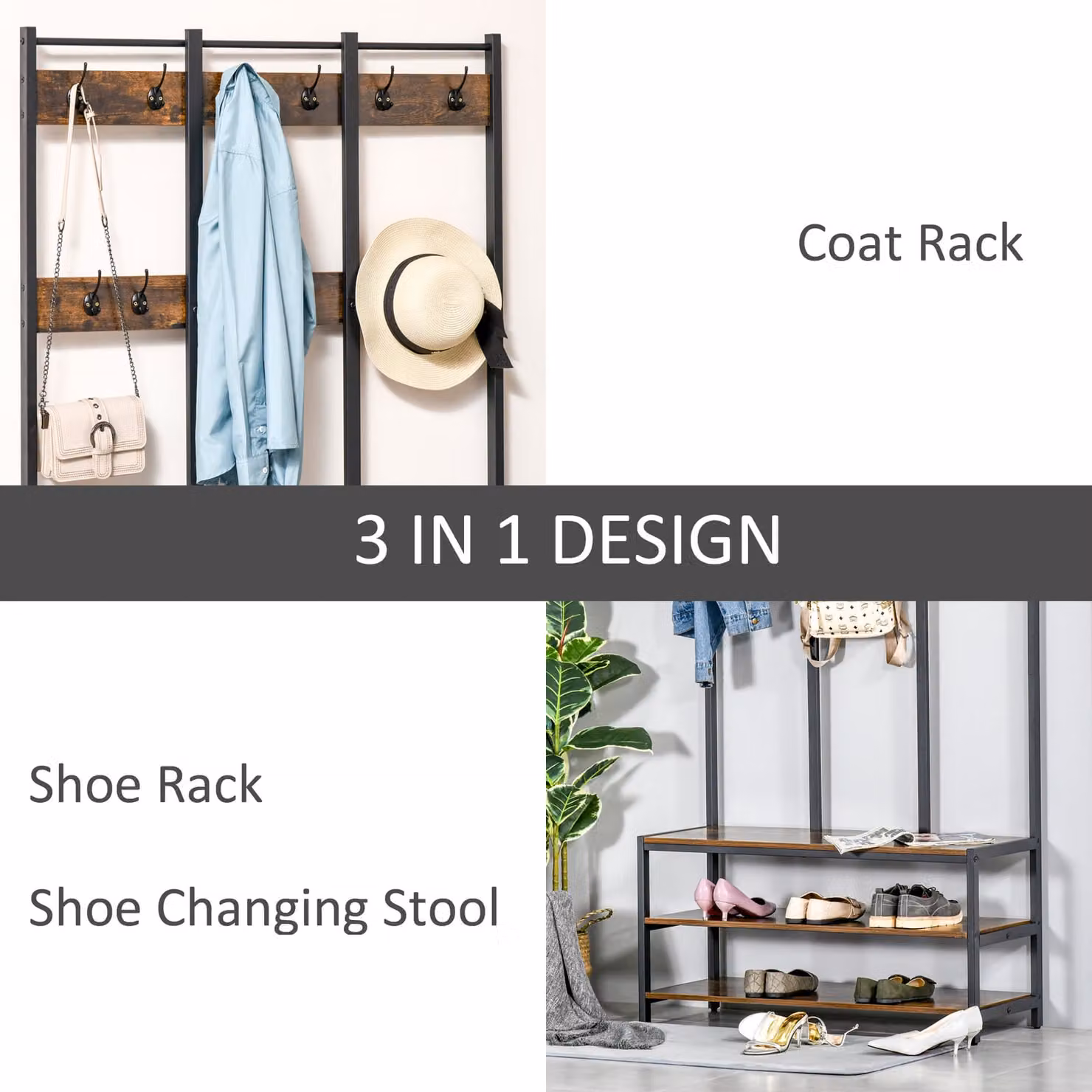 HOMCOM Industrial Hall Tree Coat Rack Stand with Bench and Shoe Storage, Rustic Brown and Black, W: 100 cm, D: 40 cm, H: 184 cm – 4