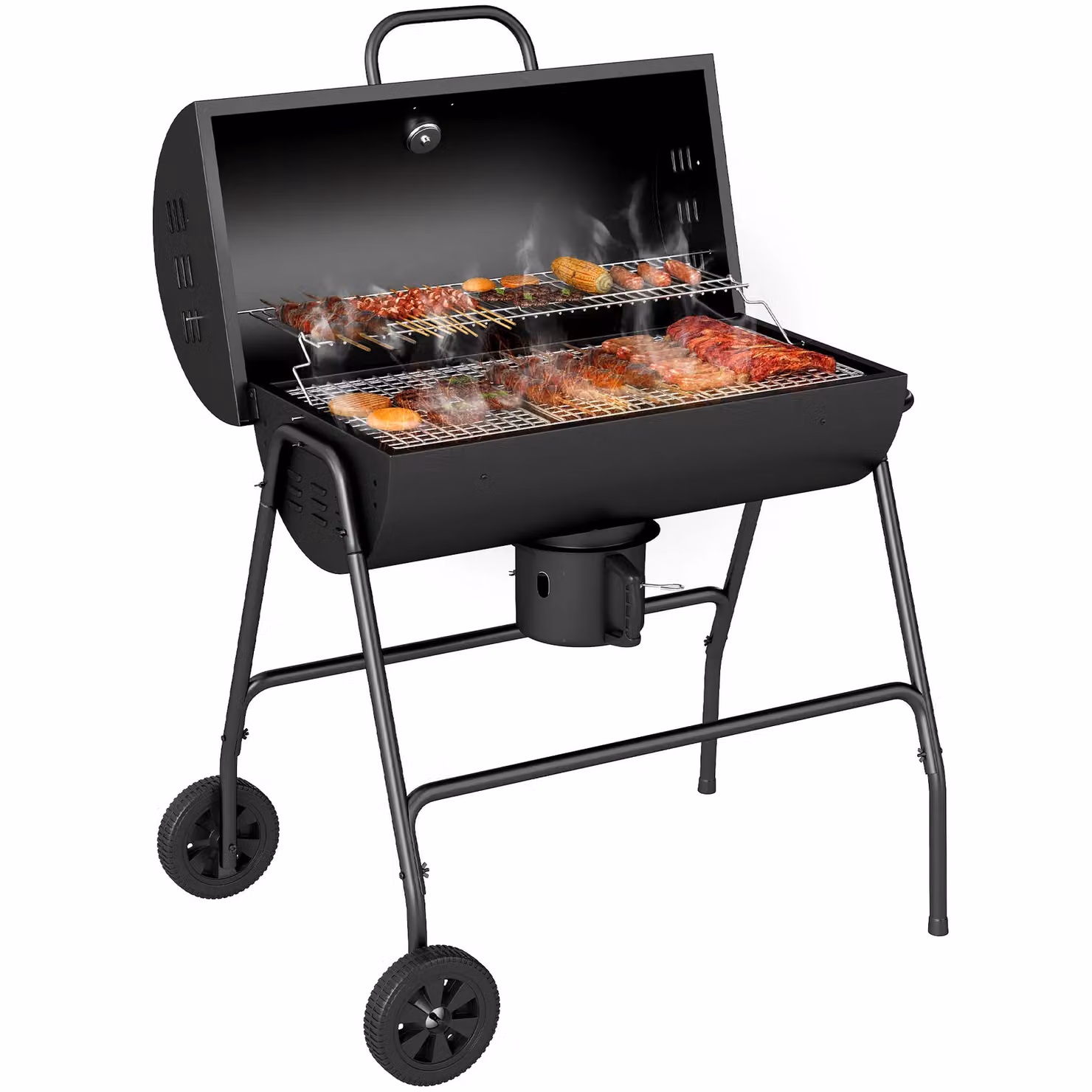 OUTSUNNY Black Charcoal Barbecue Grill Trolley with Wheels, Warming Rack, Thermometer and Ash Catcher, W/D/H: 71.5 x 102 x 71.5 cm – 2