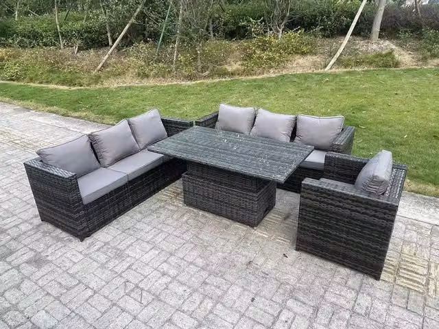 Fimous 7 Seater Rattan Garden Furniture Set with Adjustable Lifting Dining Table in Dark Grey