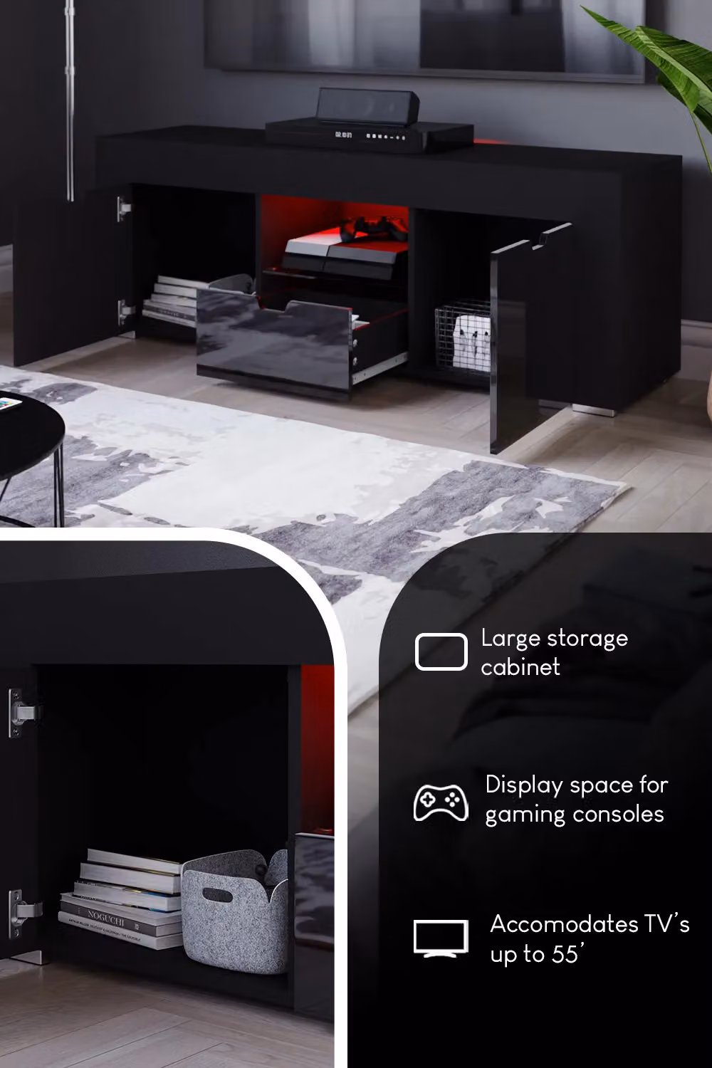 Vida Designs Eclipse Modern Black Glossy TV Unit with 2 Doors, 1 Drawer and Integrated LED Lighting – 4