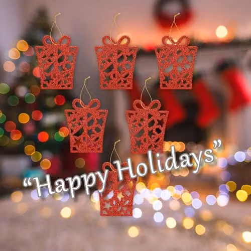 VFM e-Store Red Glitter Hanging Present Christmas Tree Ornaments, Pack of 6, W/D/H: 17.4 x 8 x 1.3 cm – 4