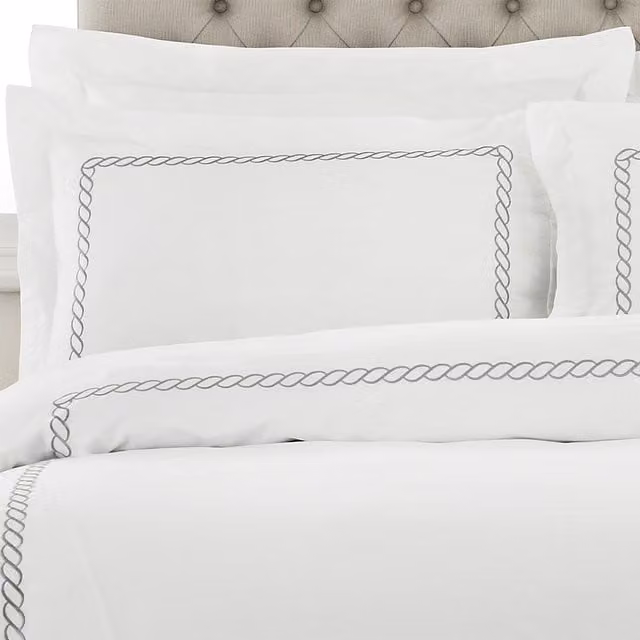 Soho Embroidered Cotton Pillowcase in Silver and White