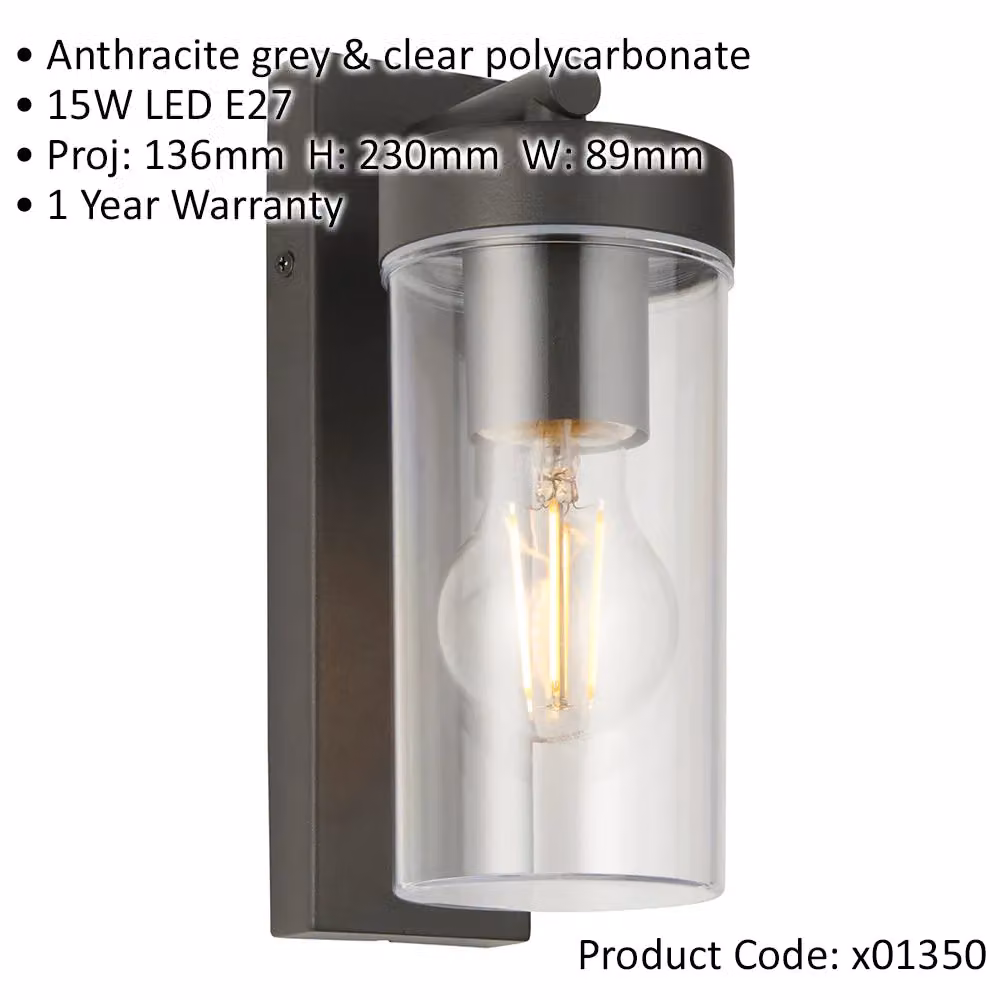 Loops Modern Outdoor IP44 Wall Lantern Light, Grey Stainless Steel with Transparent Glass, Dimmable 15W E27 LED – 2