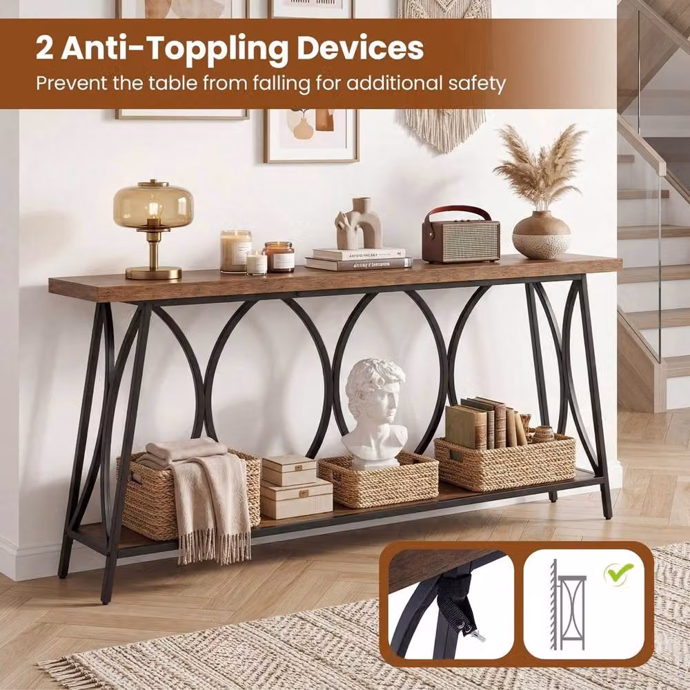 VOGREX Industrial 2-Tier Wood Sofa Table in Brown, W: 180 cm, D: 29.5 cm, H: 80 cm – 5