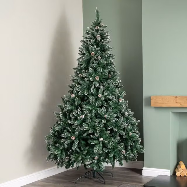 Samuel Alexander 7ft (2.1m) Tall Rocky Mountain Pine Christmas Tree with 1208 Snow Tipped Branches and Pinecones in Green – 1