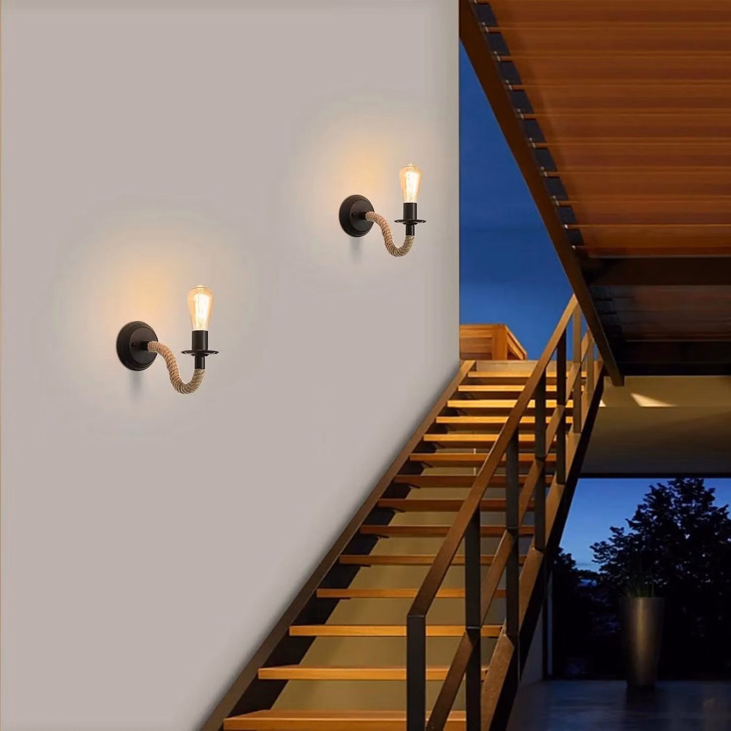 COMELY 2 Pack Industrial Wall Lamps in Black with Hemp Rope and E27 Retro Design – 4