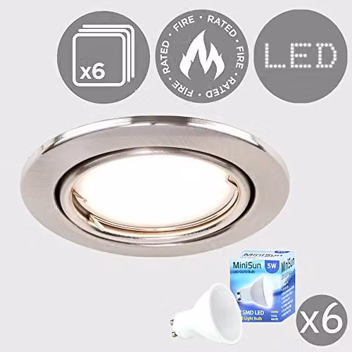 MiniSun Pack of 6 Fire Rated Brushed Chrome Tiltable GU10 Recessed Ceiling Downlights with 5W Cool White LED Bulbs – 4