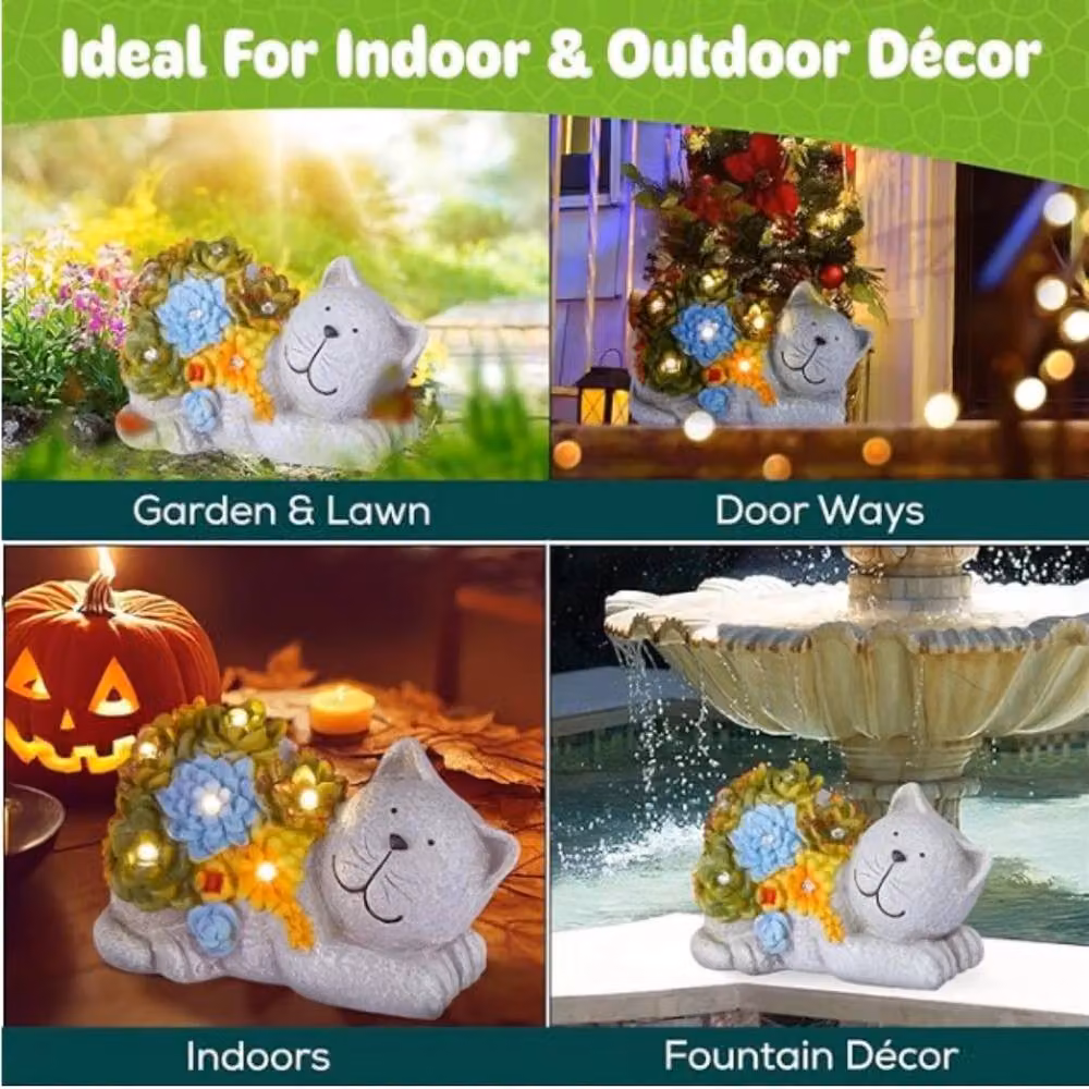 EONLION Garden Cat Stone Statue with LED Lights in Grey and Multicolour – 4