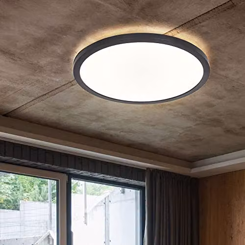 Netlighting Sapana Round LED Flush Ceiling Light, Black or White, IP44, 3000K Warm White, Diameter: 42 cm – 3