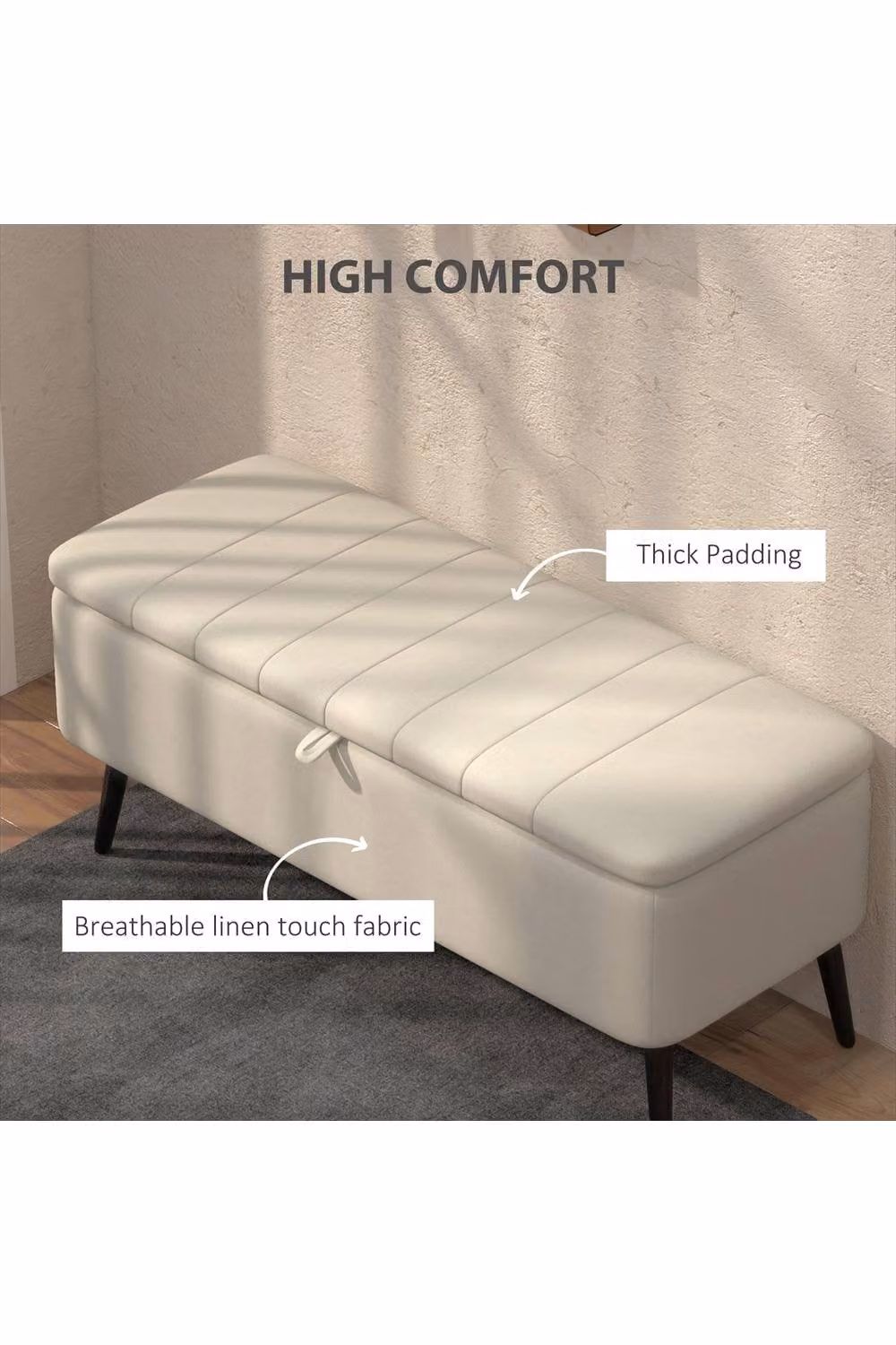 ERGOVEXA Linen-Look Storage Ottoman in White, W: 92 cm, D: 31 cm – 2