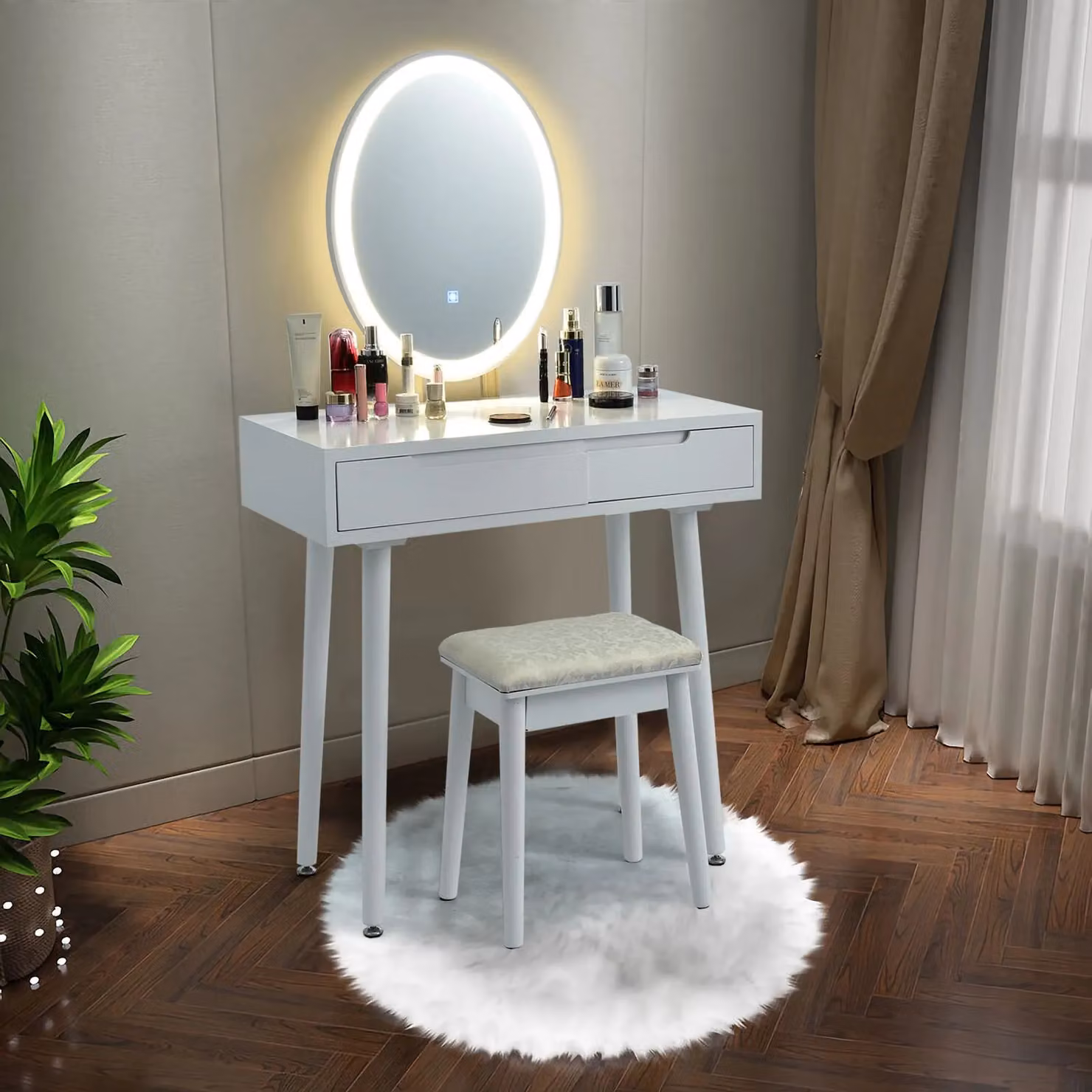 Costway Modern White Vanity Table Set with Hollywood LED Lighted Mirror and Rubberwood Construction – 3