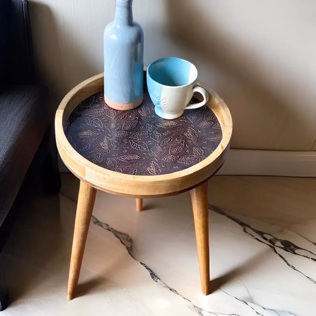 Hartsmede Mango Wood Round Side Table with Bronze Embossed Metal Top and Detachable Legs – 4