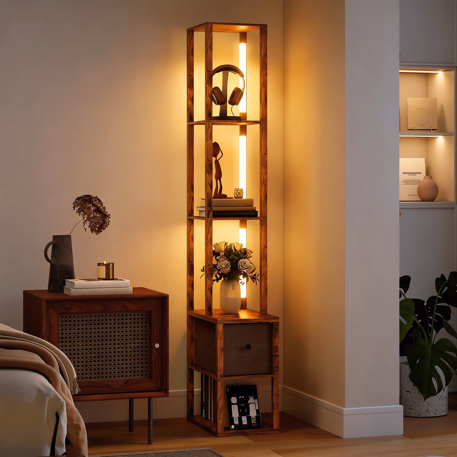 HOMCOM Modern LED Floor Lamp with Shelves and Fabric Drawer, Dimmable Column Standing Lamp in Rustic Brown, H 169 x W 26.5 x D 26.5 cm – 2