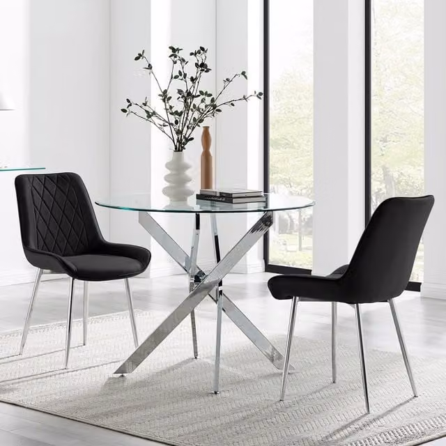 FurnitureboxUK Novara Round Glass Kitchen Dining Table and 2 Pesaro Silver Leg Chairs, Black, Diameter: 100 cm