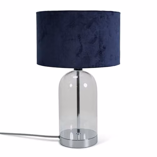ValueLights Glass and Silver Chrome Table Lamp with Navy Blue Velvet Lampshade and 4W Warm White LED Bulb – 1