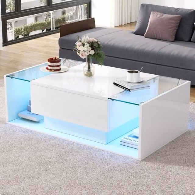Merax White High Gloss LED Coffee Table with Drawer and Glass Top