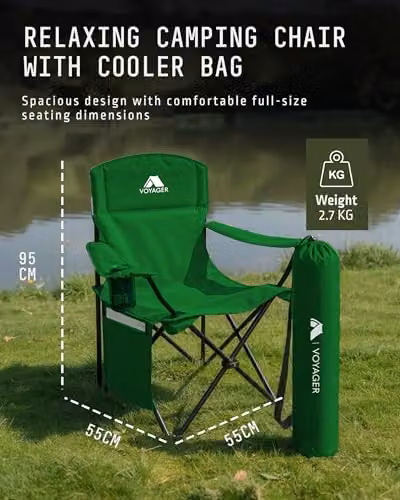 Voyager 2 Pack Folding Camping Chairs with Cooler Bag in Black and Green – 2